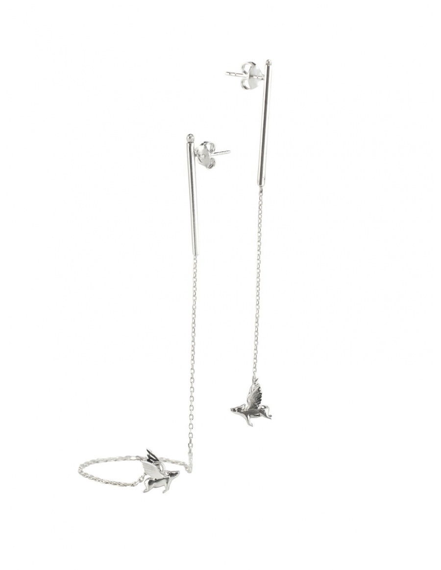 Asymmetrical long silver earrings with flying piglet