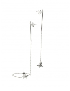 Asymmetrical long silver earrings with flying piglet
