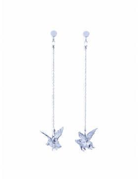 Long silver earrings with flying piglet