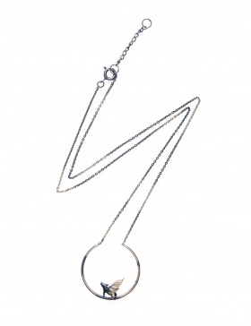 Semicircular silver necklace with flying piglet